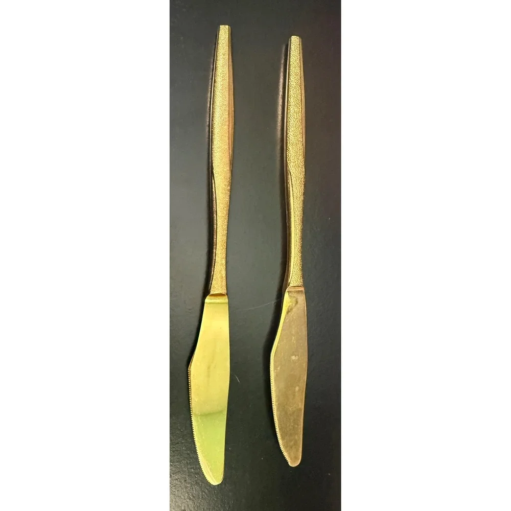 Vintage Florentine Gold Tone Dinner Knives Textured Bark Handle Set of 2